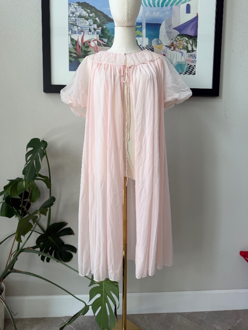 Vintage Erika Taylor Blush Pink Peignoir Robe Chiffon Lace Puffy Sleeves OS